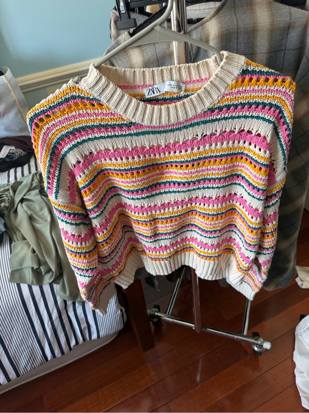 Zara Cream Open-Knit Crew Sweater with Pink, Yellow & Green Stripes